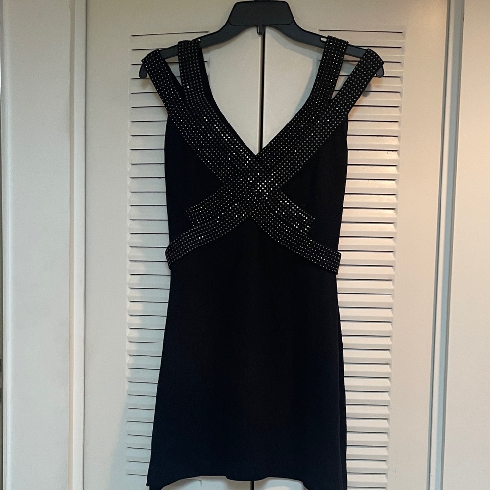 St. John Black Mini Dress with Studded Crisscross Straps